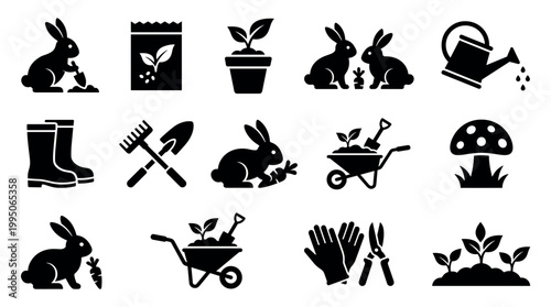 Collection of black gardening silhouette icons featuring cute rabbits, growing plants, a watering can, boots, wheelbarrow, and various farming tools like a rake and shovel