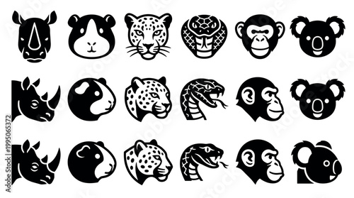Collection of black animal head icons featuring a rhino, guinea pig, leopard, cobra, monkey, and koala in various front and side profile views for logo or emblem design