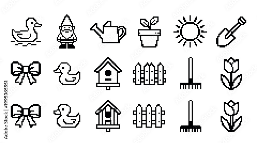 Fototapeta premium Set of black pixel art icons for gardening and spring themes featuring a duck, gnome, watering can, flower, and birdhouse in a minimalist 8-bit retro video game style