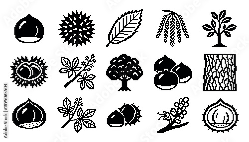 Set of black and white pixel art chestnut icons showing the tree, leaf, nut, flower, and spiky bur in a simple retro 8-bit video game style for digital design