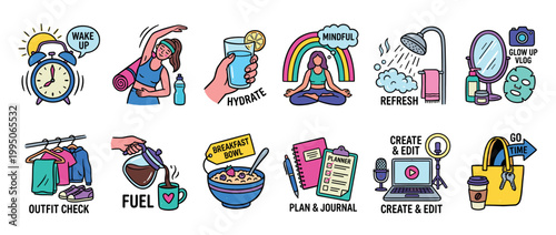 Colorful set of hand-drawn doodle icons illustrating a woman's healthy morning routine, including waking up, exercise, meditation, skincare, breakfast, and content creation for a vlog