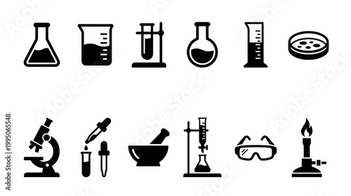 Collection of black laboratory equipment icons including a microscope, beaker, flask, and bunsen burner for scientific research and chemistry experimentation concepts