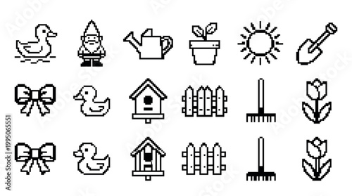 Set of black pixel art icons for gardening and spring themes featuring a duck, gnome, watering can, flower, and birdhouse in a minimalist 8-bit retro video game style