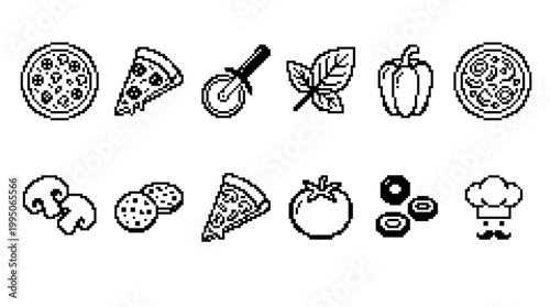 Set of black pixel art icons for pizza and ingredients like tomato, mushroom, and olives, designed in a simple, monochrome, 8-bit retro video game aesthetic