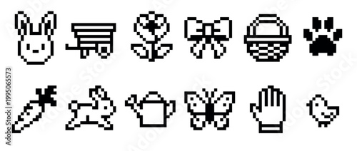 Set of black pixel art icons featuring spring and Easter symbols like a bunny, carrot, flower, and basket in a minimalist 8-bit style with a retro digital aesthetic