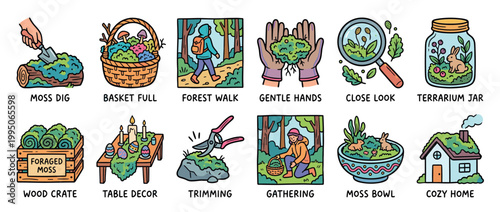 Collection of twelve colorful cartoon illustrations showing moss foraging activities and cozy nature-themed crafts like terrariums, table decor, and gardening in a cute hand-drawn doodle style