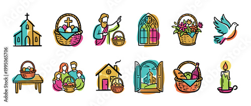 Set of colorful hand-drawn Christian Easter icons showing a church, baskets with eggs, a family, a dove, and other religious symbols for the spring holiday celebration