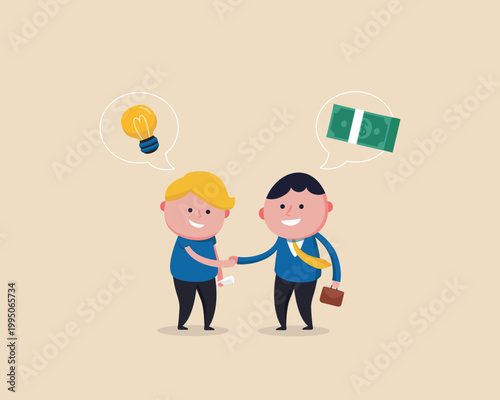 Two cartoon businessmen shaking hands with ideas and money in thought bubbles