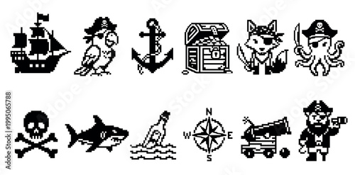 Set of black pixel art pirate icons featuring a ship, parrot, treasure chest, skull, and anchor in a retro 8-bit video game style for adventure and nautical themes