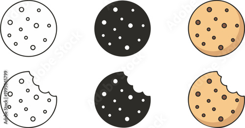 Set of chocolate chip cookies in various styles, flat and minimal vector illustration