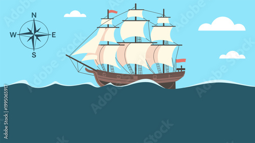 Vintage sailing ship on calm sea illustration. Nautical artwork with blue sky and classic maritime mood. A classic tall ship sails across quiet water beneath a clear sky.