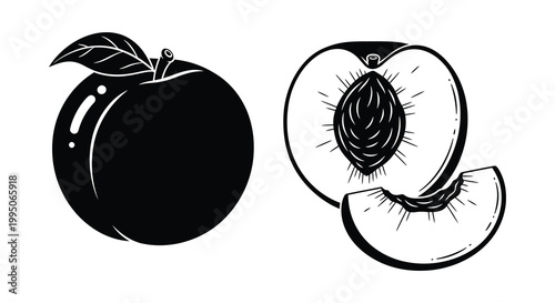 Black and white illustration of a plum and its cross section silhouette