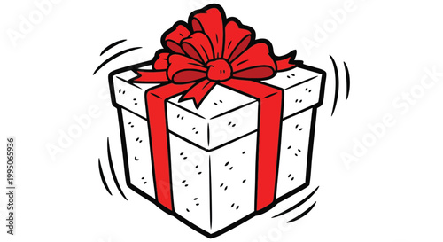 Vector illustration of a white gift box with a large red bow on top spinning fast