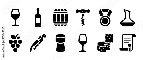 Black solid glyph icons for wine tasting and winemaking, featuring a bottle, glass, grapes, corkscrew, barrel, cheese, medal, and decanter in a simple minimalist vector illustration