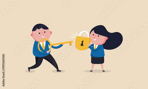 Man hands over a golden key to a woman holding a lock symbolizing access and security