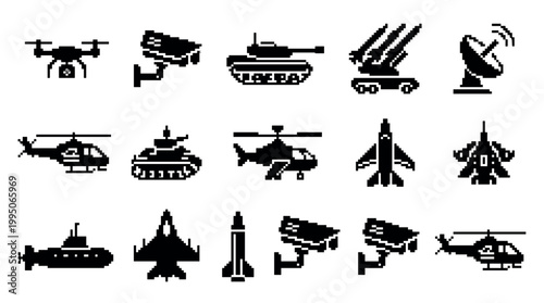 Black pixelated military and surveillance icon set with a tank, helicopter, drone, fighter jet, submarine, and missile in a simple 8-bit retro video game style