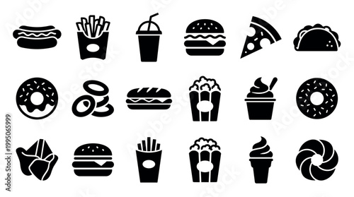 Set of black fast food silhouette icons featuring a hamburger, fries, pizza, hot dog, donut, and soda arranged in a grid with a clean, minimalist design