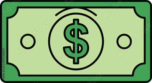 Green dollar banknote with symbol, minimalist flat vector illustration