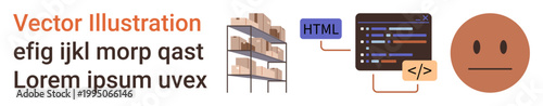 Logistics, coding, e-commerce, warehouse organization, technology, data management. Storage shelves, HTML code neutral face emotion side by side. Logistics and coding concepts