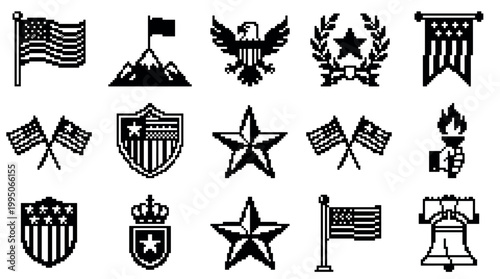 Set of pixel art American patriotic icons featuring flags, eagles, stars, shields, and other national symbols in a retro 8-bit monochrome video game graphic style