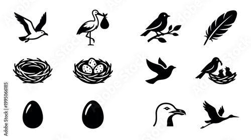 Set of black bird silhouette icons depicting various avian themes like flight, nesting, eggs, and a stork carrying a baby, presented in a clean, minimalist graphic style