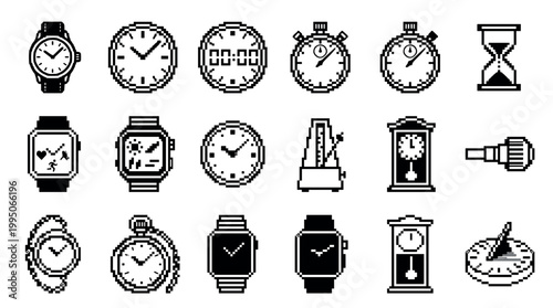 Pixel art icons set of various clocks and watches including a stopwatch, hourglass, and sundial in a retro 8-bit monochrome video game style illustration