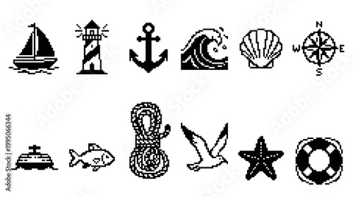 Collection of pixel art nautical icons in a black and white 8-bit style, featuring a sailboat, lighthouse, anchor, wave, seashell, compass, fish, and starfish for a retro theme