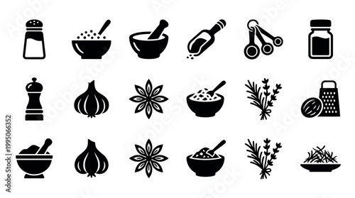 Set of black spice and herb icons for cooking and seasoning, featuring a salt shaker, pepper mill, mortar and pestle, garlic, star anise, and grater in a simple glyph style illustration