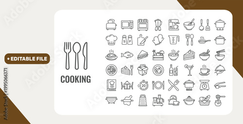 Cooking web icons in line style. Frying pan, fork, knife, recipe book, microwave, collection. Vector illustration.
