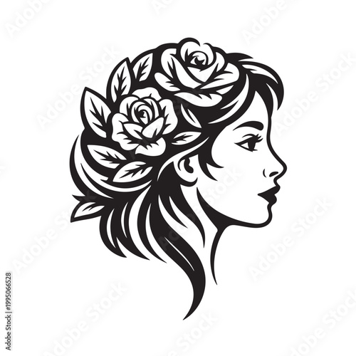 Intricate black and white floral side profile of a woman