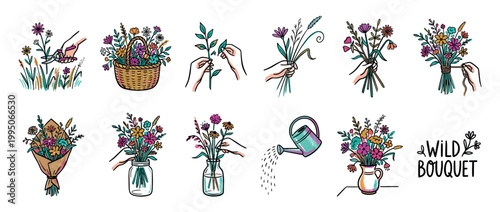 Colorful set of hand-drawn doodle icons illustrating the step-by-step process of making a wildflower bouquet, from picking stems to arranging them in a vase or jar