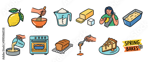 Collection of colorful hand-drawn illustrations showing the step-by-step process of baking a lemon cake, from ingredients like flour and butter to the final glazed slice