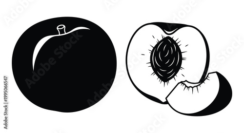 Black and white illustration of a whole and halved peach silhouette