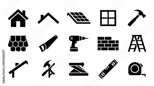 Set of black construction icons for building and home improvement, featuring tools like a hammer, saw, drill, and house elements like a roof, window, and solar panel