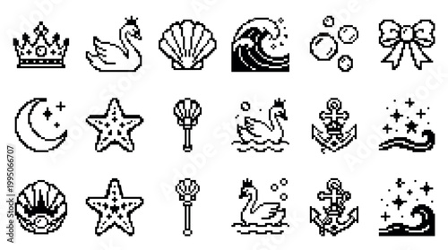 Collection of monochrome pixel art icons with fantasy, royal, and nautical themes including a crown, swan, seashell, wave, and anchor in a retro 8-bit video game style