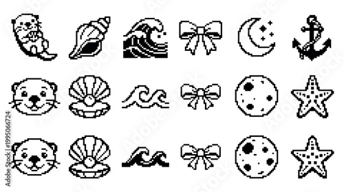 Pixel art icon set with various black and white symbols like a sea otter, shell, wave, moon, and anchor, designed in a simple retro 8-bit monochrome video game style