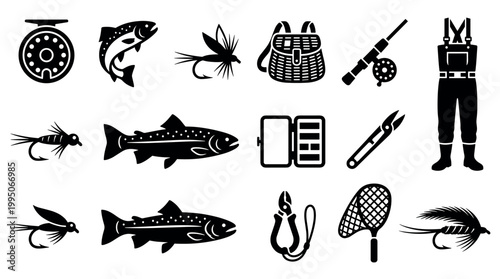 Collection of black fly fishing icons showing equipment, gear, and trout in a clean graphic style for outdoor recreation, sporting activities, and hobby concepts