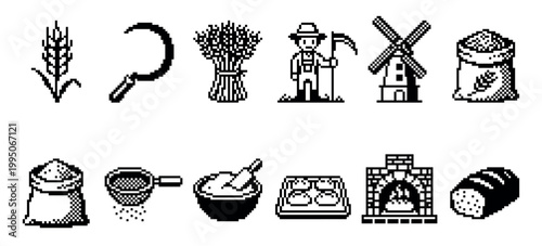 Set of twelve black pixel art icons showing the process of bread making from farm to table, including a farmer, windmill, oven, and loaf in a retro 8-bit video game style