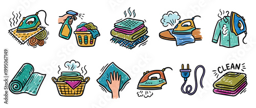 Colorful set of hand-drawn doodle icons showing laundry and housekeeping chores like ironing, washing, and cleaning, presented in a charming cartoon sketch style