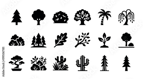Set of black silhouette tree and plant icons representing diverse flora including pine, palm, bonsai, cactus, and deciduous plants in a clean graphic design