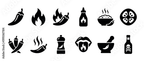 Collection of black silhouette icons representing spicy food, hot chili peppers, and the sensation of heat, featuring symbols for sauce, flames, and extreme spiciness