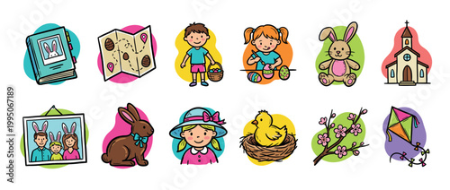 Colorful set of Easter and spring icons featuring a bunny, chick, painted eggs, children, a church, and a chocolate rabbit in a cute hand-drawn cartoon doodle style for holiday celebration