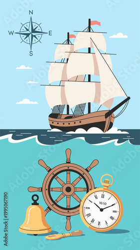 Sailing ship with ship wheel nautical illustration. Decorative maritime artwork in vintage inspired style. A classic ship and helm are combined in a playful marine themed composition.