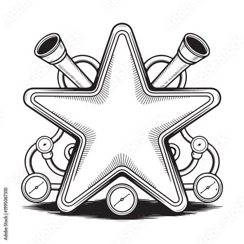 Ornate steampunk star emblem with copper pipes and gears