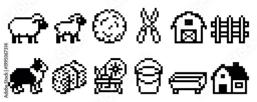 Collection of pixel art farm icons featuring sheep, a sheepdog, barn, fence, wool, shears, and other agricultural elements in a retro monochrome 8-bit graphic style