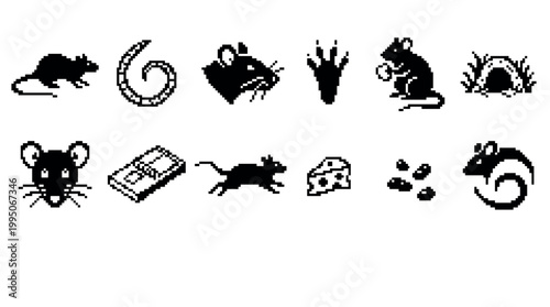Set of black pixel art icons depicting rats, mice, cheese, and a mousetrap in a retro 8-bit video game style for graphic design elements