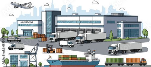 Global Logistics Distribution Center Illustration Featuring Warehouse Trucks Cargo Ship Airplane Containers and Freight Transport Supply Chain Operations Vector Design