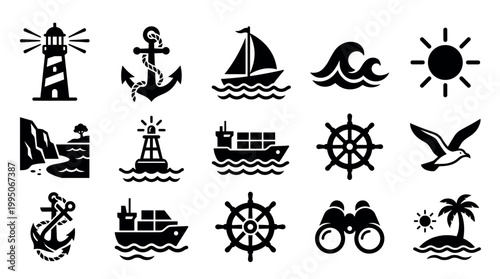 Collection of black nautical icons featuring a lighthouse, anchor, ship, helm, and waves in a simple graphic silhouette style for sea travel and marine themes