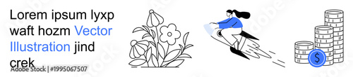 Financial growth, startup success, environmental awareness, investment strategies, nature conservation, futuristic innovation. Flowers, woman on rocket and stacked coins. Financial growth