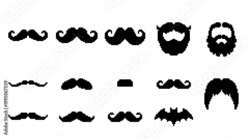 Black pixel art mustaches and beards set with various silhouette shapes in a retro 8-bit video game style, showcasing a collection of classic facial hair graphic elements